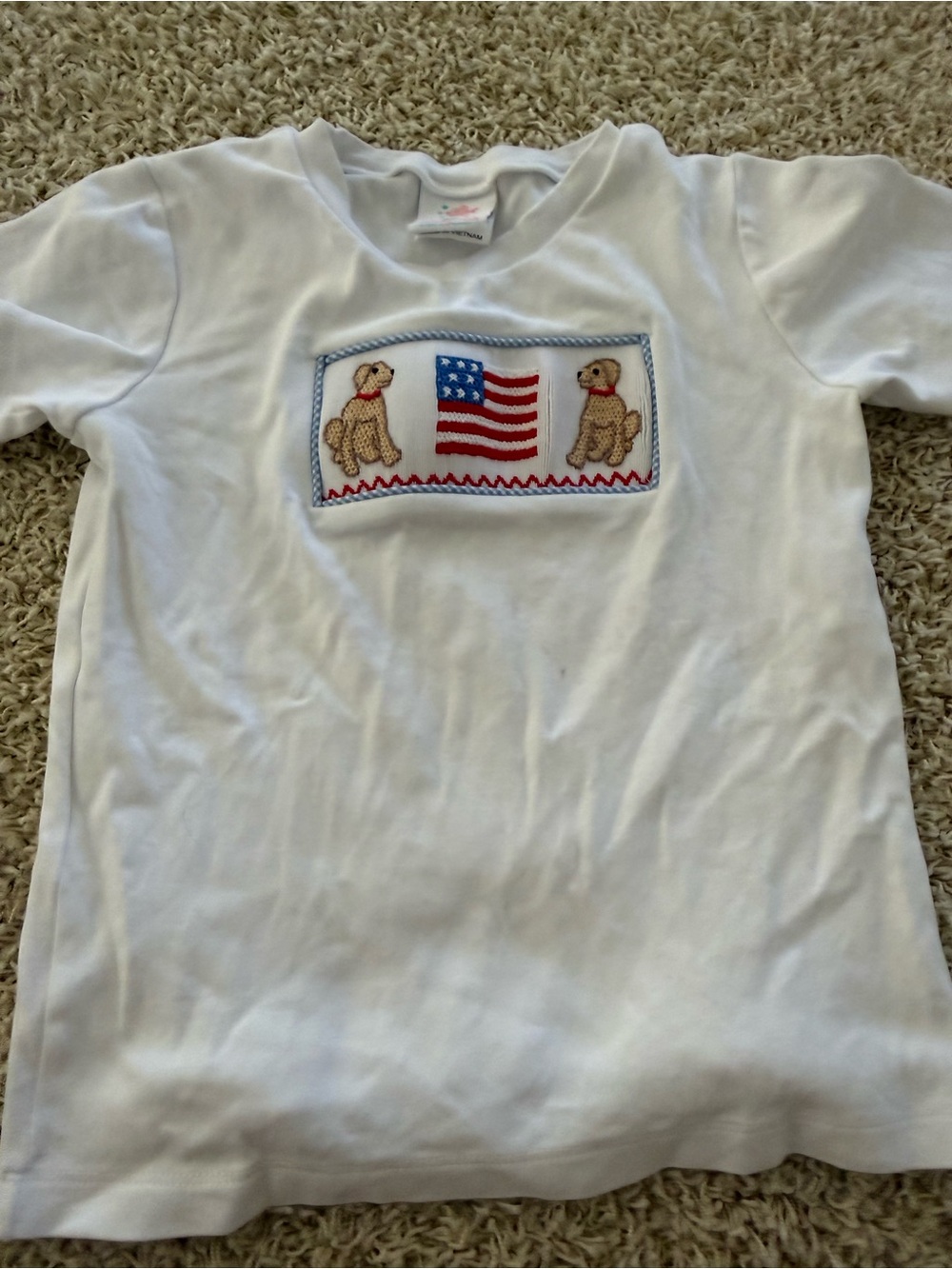 White Kids Short-Sleeve Tee with Embroidered Flag & Puppy Patch